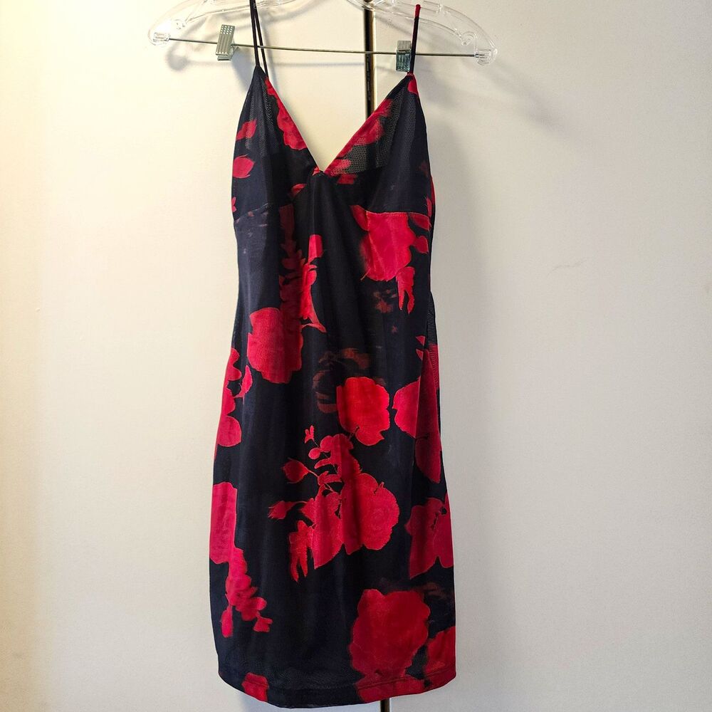 White Fox Black Red Floral Mesh Slip Baby Doll Mini Dress M Romantic Fairy Date